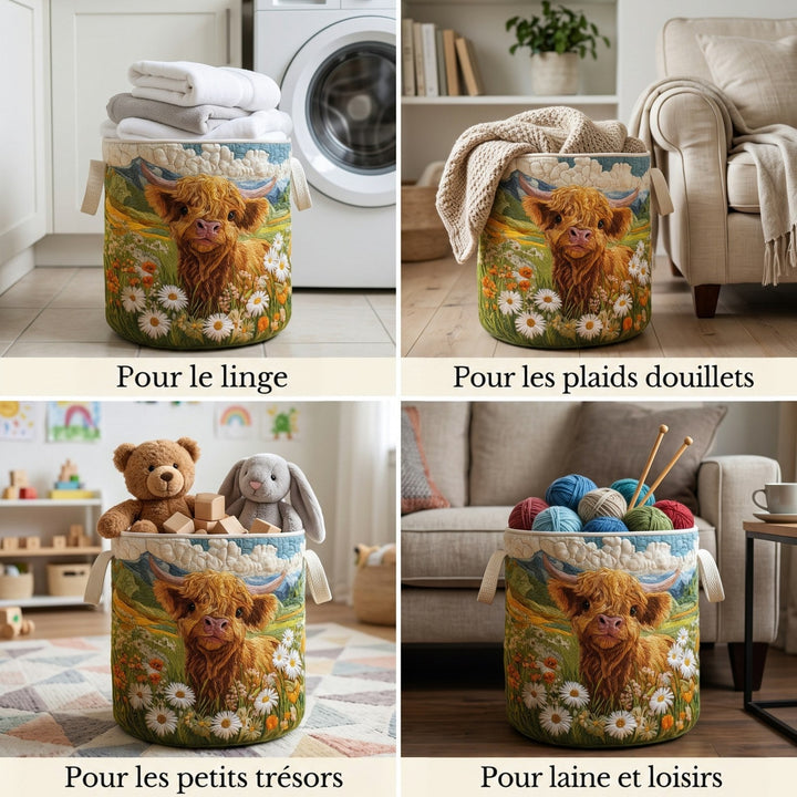 Quatre mises en situation du panier : rempli de linge près d'une machine, de plaids, de peluches et jouets, de pelotes de laine. 2