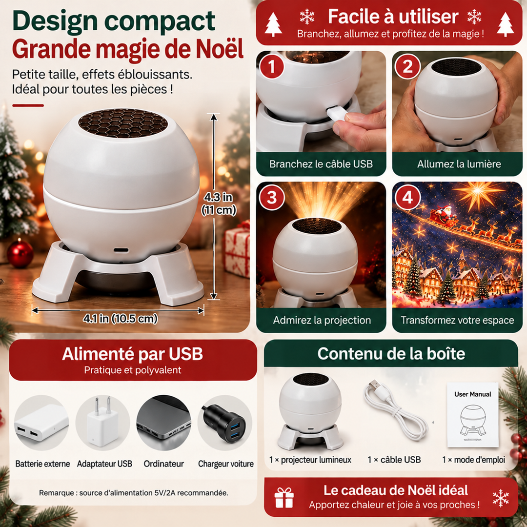 Planche récapitulative : dimensions du projecteur, alimentation USB, quatre étapes d'utilisation et contenu du coffret 7