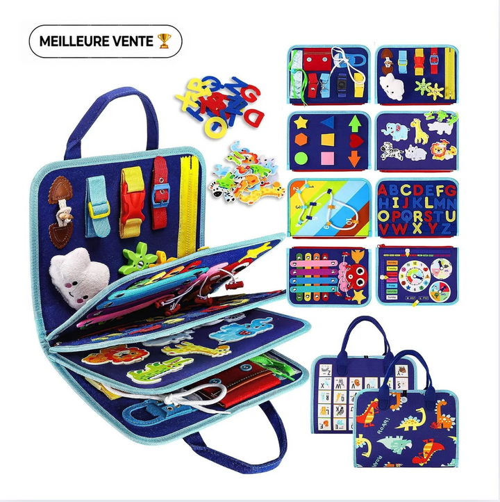 Livre d'activités en feutre bleu marine ouvert, avec ses huit pages, lettres, animaux et sac à poignées dinosaures 1