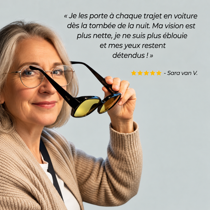 Femme aux cheveux gris et lunettes rondes tenant devant son visage les lunettes à verres jaunes, avec un avis client cinq étoiles. 8
