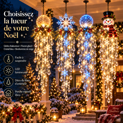 Quatre modèles suspendus côte à côte : globe chaud, flocon, globe bleu et bonhomme de neige, avec pictogrammes 22