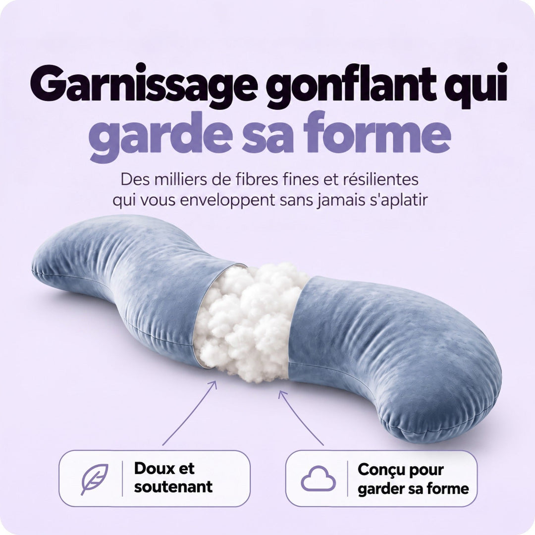 Oreiller en S ouvert en son centre, montrant le rembourrage de fibres blanches moelleuses 4