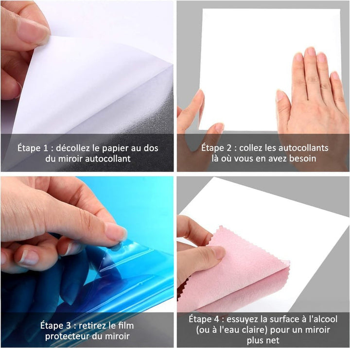 Quatre étapes de pose: décoller le dos adhésif, coller, retirer la protection, essuyer la surface 9
