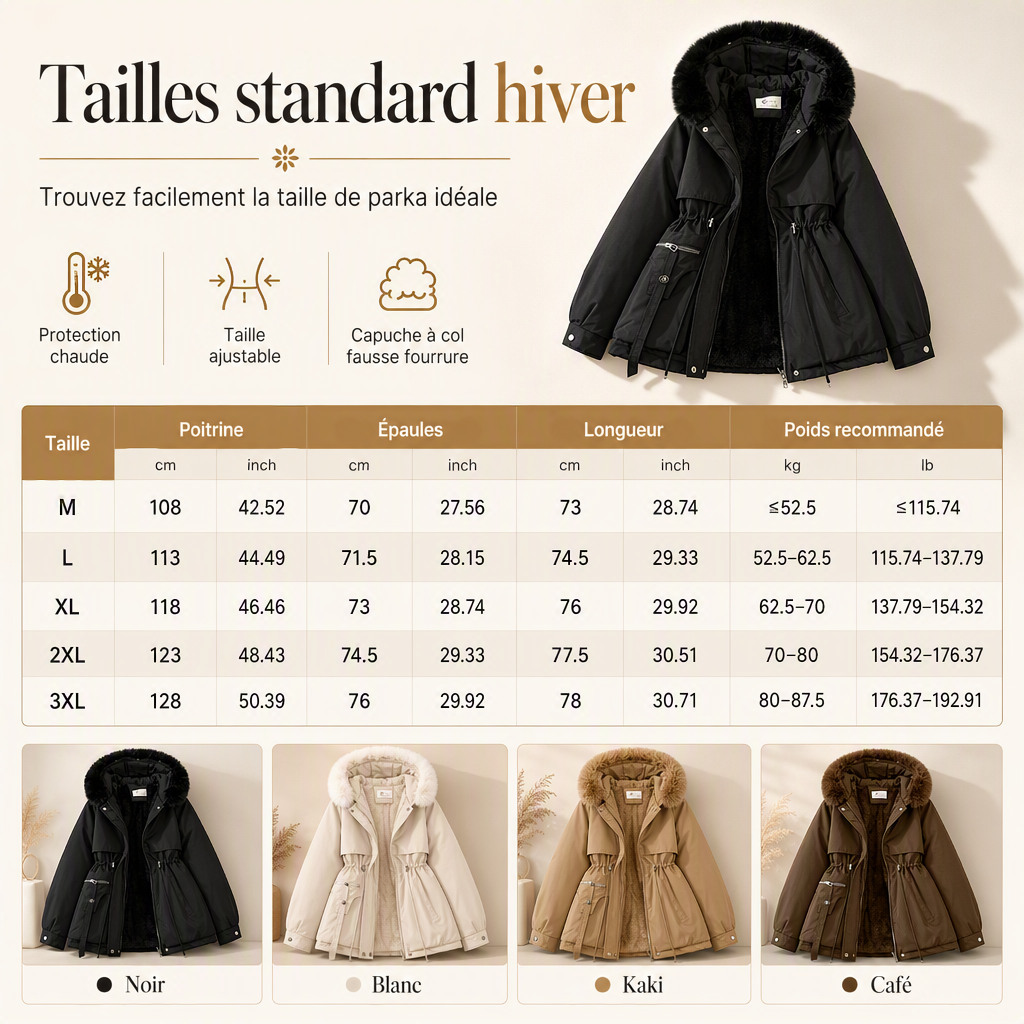Tableau des tailles de la parka avec les quatre coloris proposés et l'icône de la taille ajustable 12