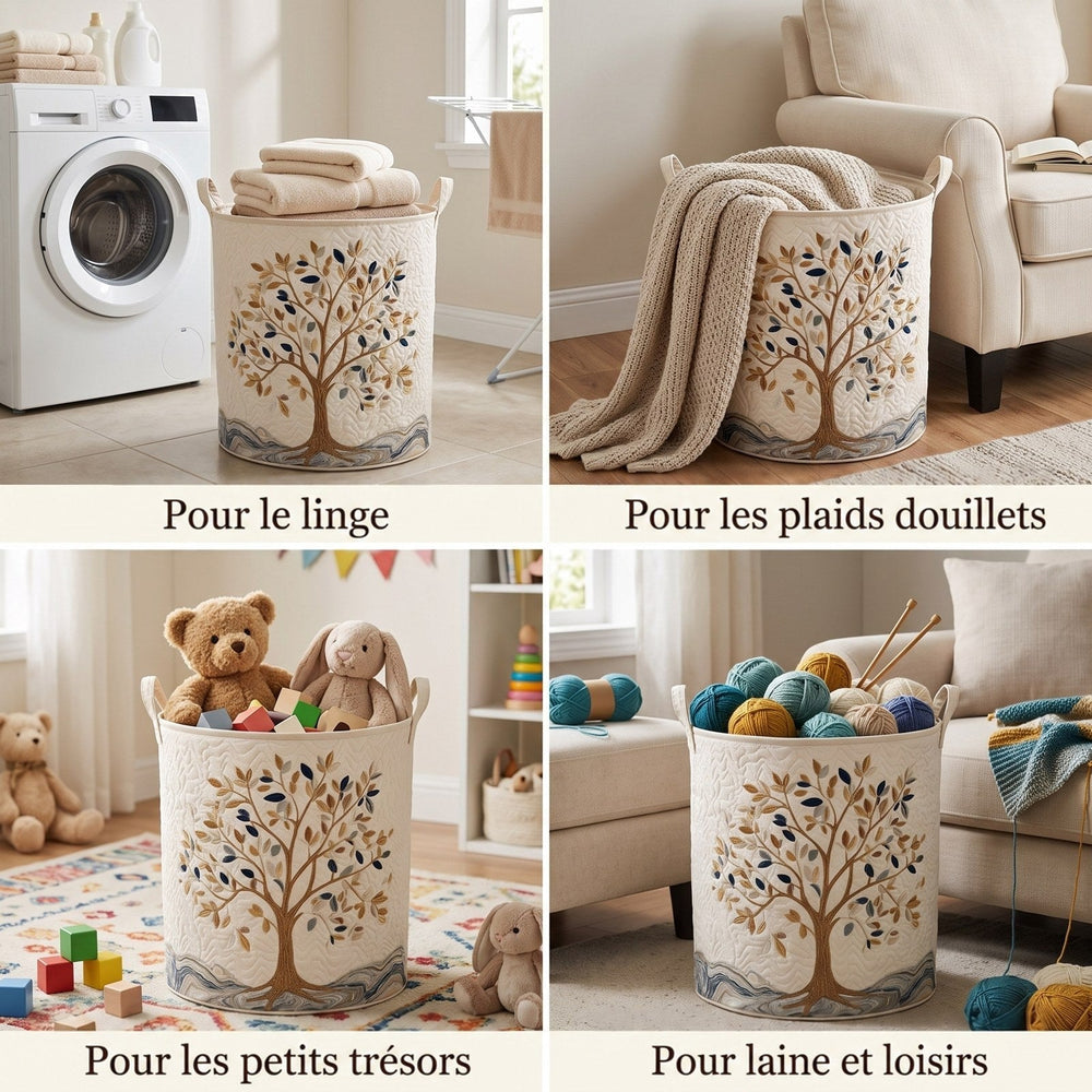 Quatre usages du panier : linge près d'un lave-linge, plaids, jouets d'enfant et pelotes de laine 2