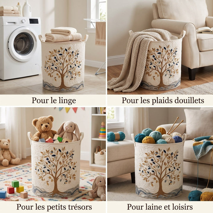 Quatre usages du panier : linge près d'un lave-linge, plaids, jouets d'enfant et pelotes de laine 2