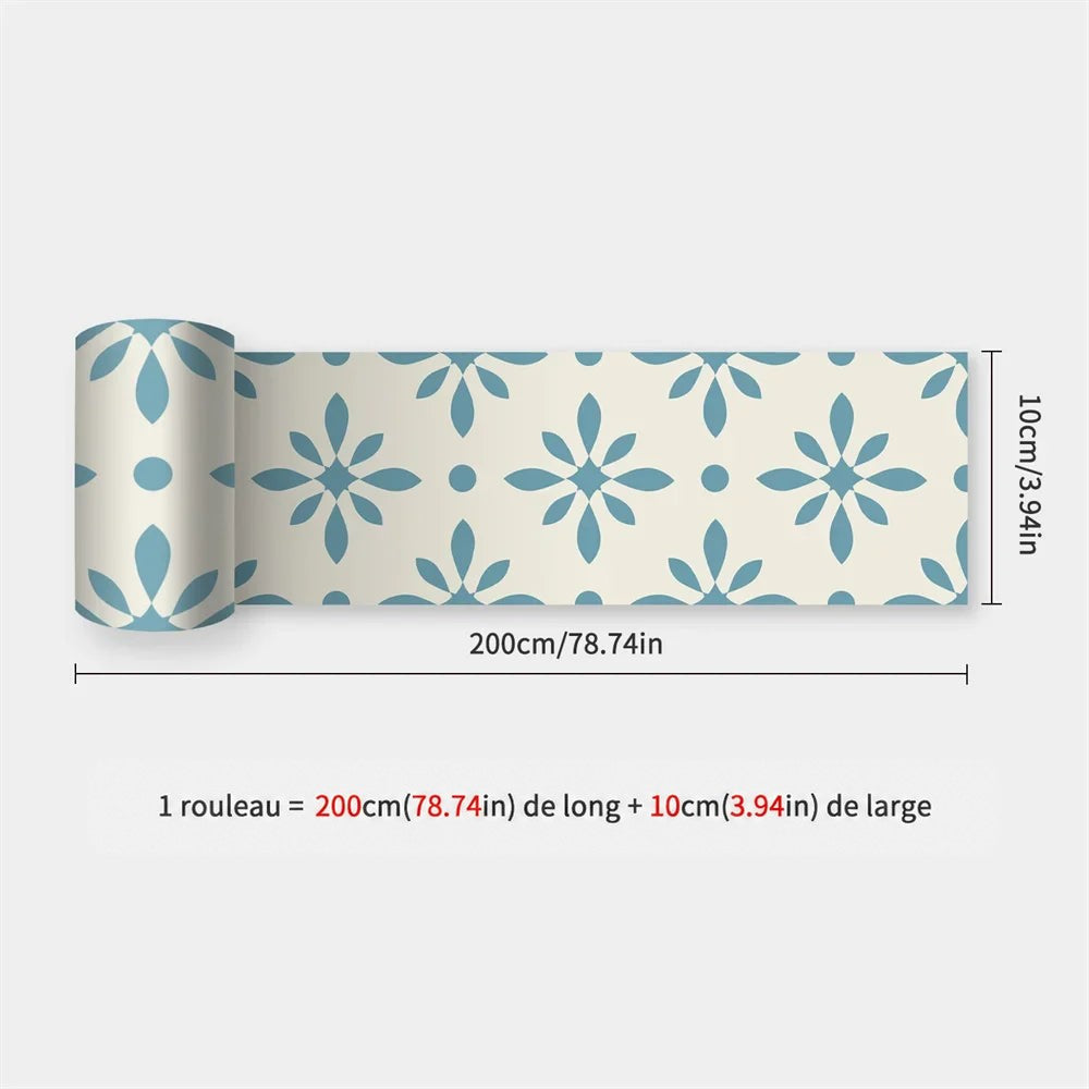 Rouleau de bande à fleurs stylisées bleu clair sur fond crème, dimensions indiquées 40