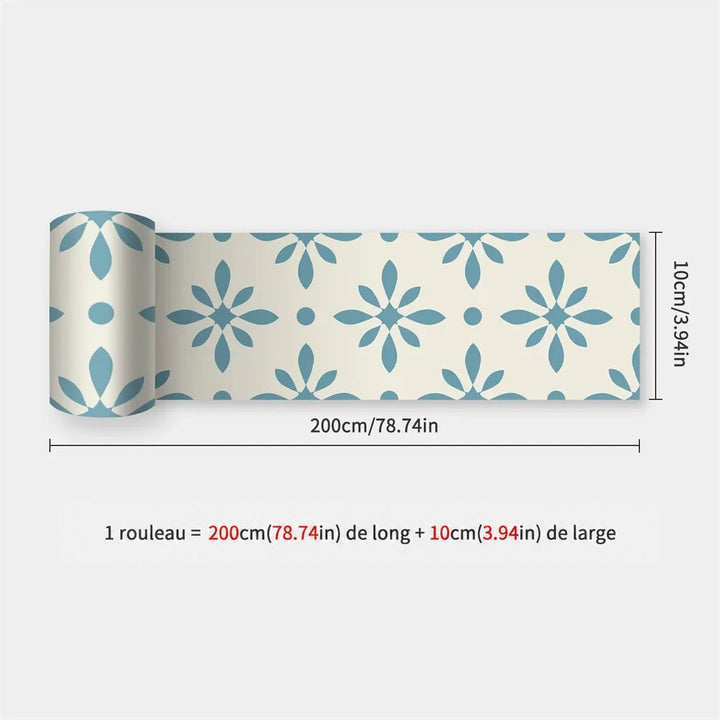 Rouleau de bande à fleurs stylisées bleu clair sur fond crème, dimensions indiquées 40