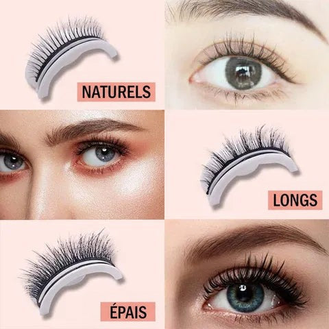 Planche comparant trois modèles de cils, naturel, long et épais, chacun présenté sur son support et porté sur un œil. 5