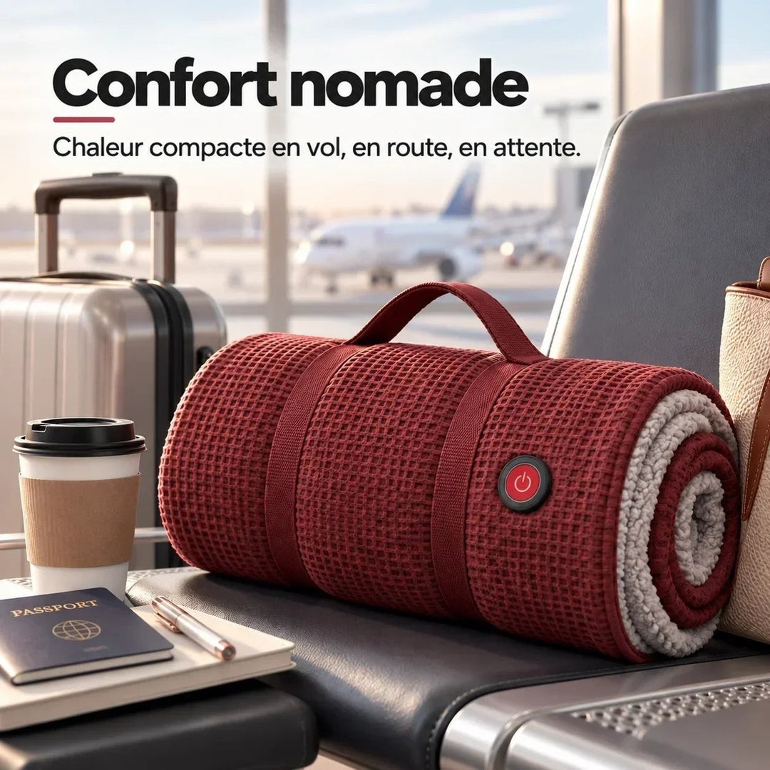 Couverture rouge roulée posée sur un siège d'aéroport, près d'un gobelet de café, d'un passeport et d'une valise 12