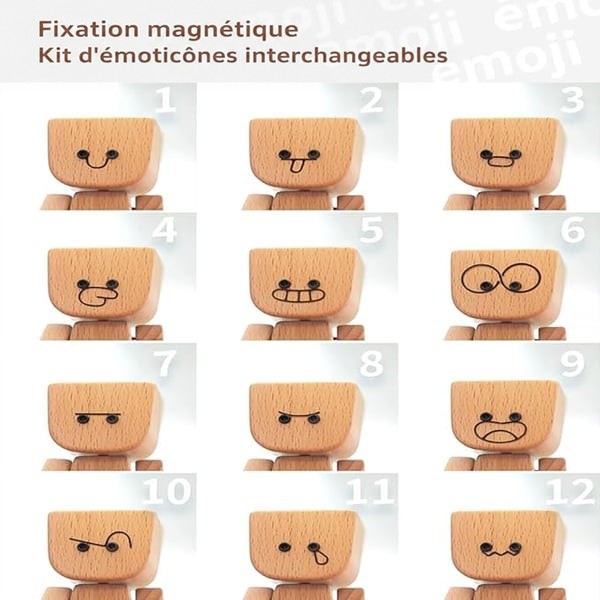 Planche de douze visages magnetiques interchangeables numerotes, montrant des expressions differentes sur la tete en bois. 8