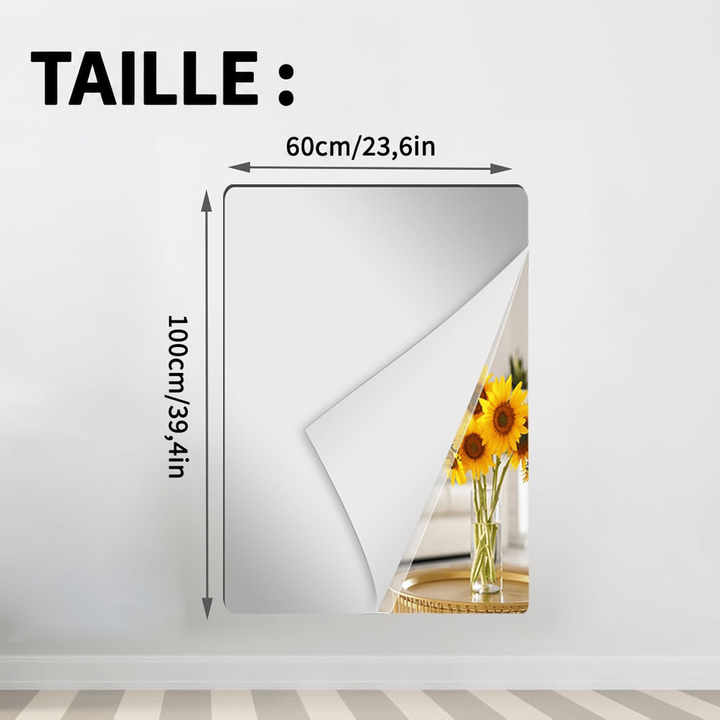 Feuille miroir rectangulaire plus large collée au mur, coin décollé sur un bouquet de tournesols, avec cotes de largeur et hauteur. 14