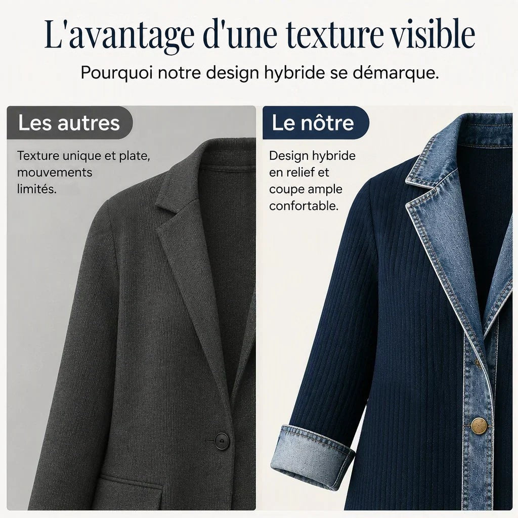 Comparaison côte à côte d'un blazer gris uni et du manteau bleu marine côtelé à revers denim 12