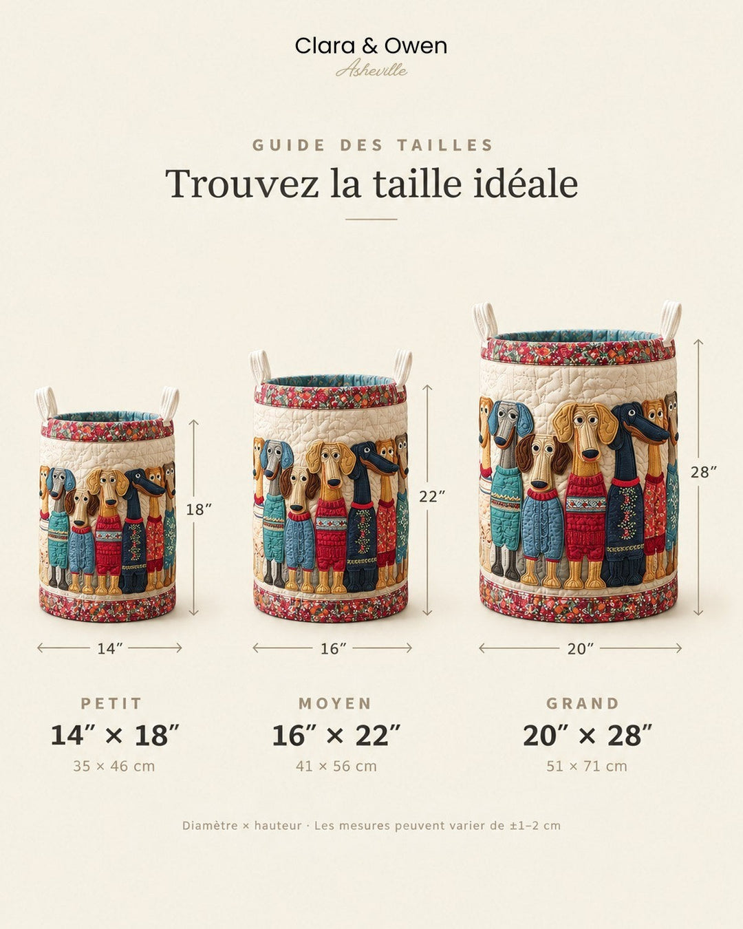 Guide des tailles montrant trois paniers, petit, moyen et grand, avec leurs dimensions en pouces et centimètres 5
