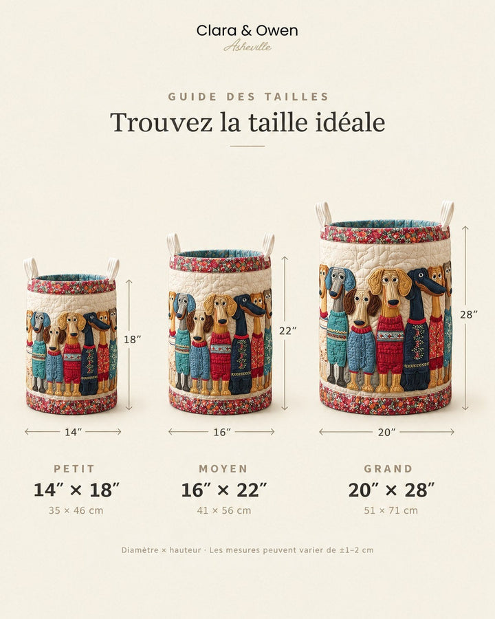 Guide des tailles montrant trois paniers, petit, moyen et grand, avec leurs dimensions en pouces et centimètres 5