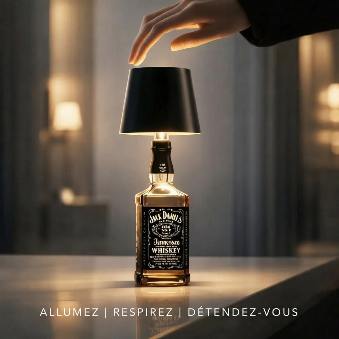 Une main s'approche de l'abat-jour noir pour allumer la lampe posée sur une bouteille 6