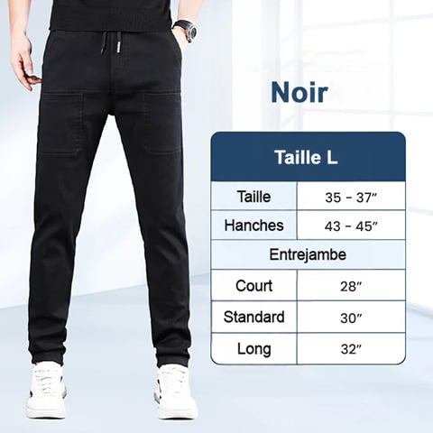 Pantalon noir porté par un homme, accompagné d'un tableau de tailles en pouces pour la taille L 6