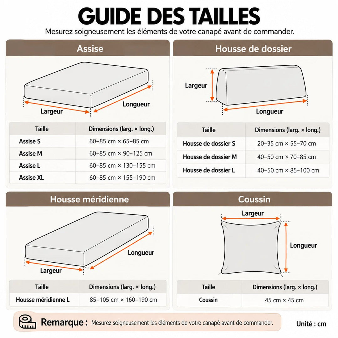 Tableau de tailles avec schémas d'assise, dossier, méridienne et coussin, mesures indiquées en centimètres 17