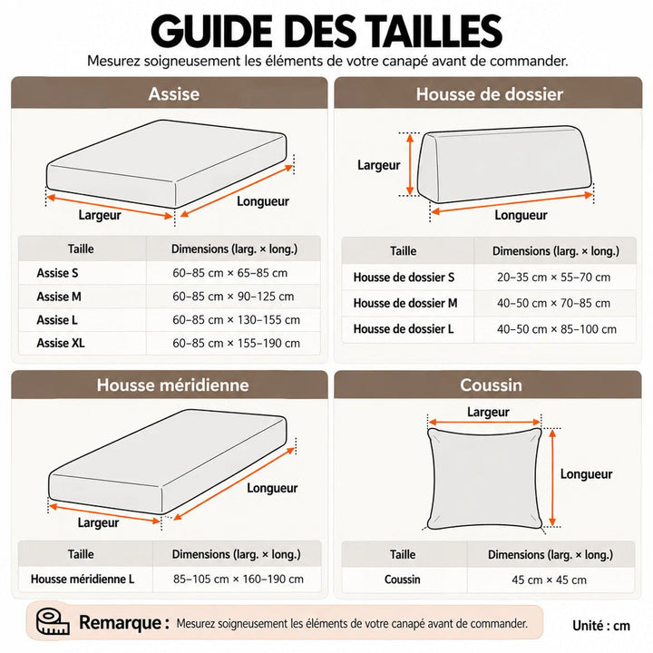 Tableau de tailles avec schémas d'assise, dossier, méridienne et coussin, mesures indiquées en centimètres 17