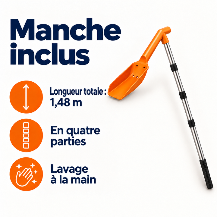 Outil complet sur fond blanc avec pictogrammes de longueur totale, de perche en quatre pièces et de lavage à la main 5