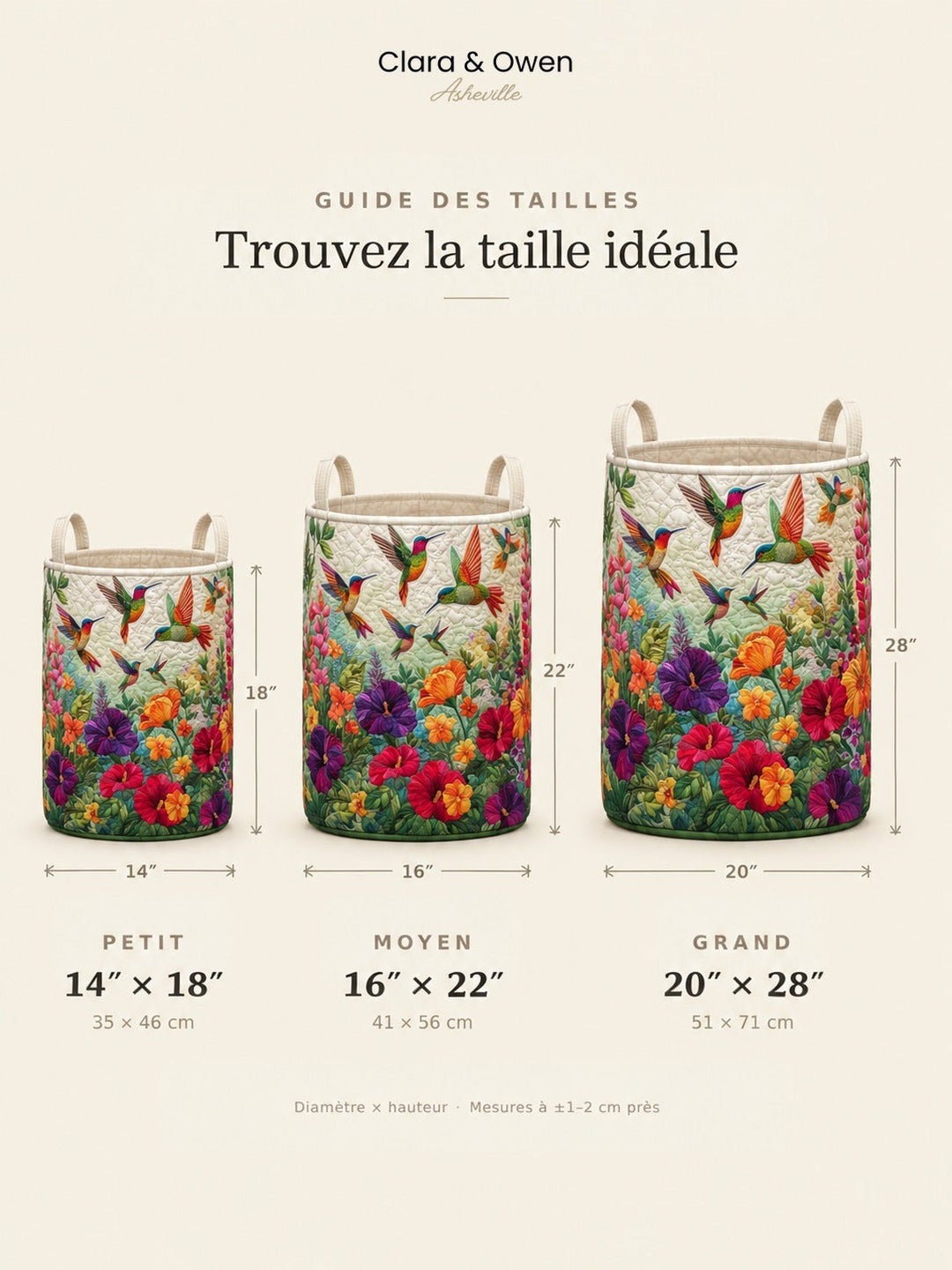 Guide des tailles présentant trois paniers de hauteurs différentes, petit, moyen et grand, avec leurs dimensions en pouces et en centimètres. 5