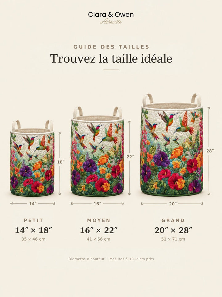 Guide des tailles présentant trois paniers de hauteurs différentes, petit, moyen et grand, avec leurs dimensions en pouces et en centimètres. 5