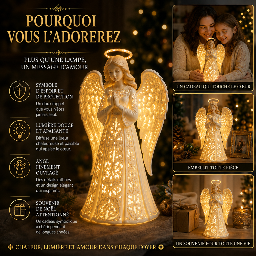 Ange allumé au centre, avec trois petites scènes: mère et fille, étagère décorée, cadeau et bougie 2