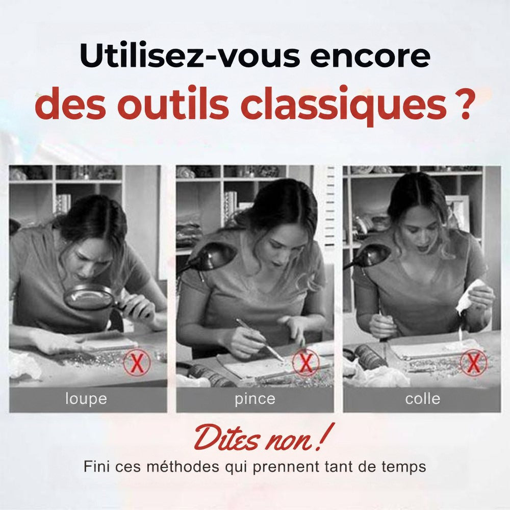 Trois femmes en noir et blanc utilisant loupe, pince à épiler et colle, méthodes traditionnelles barrées 2