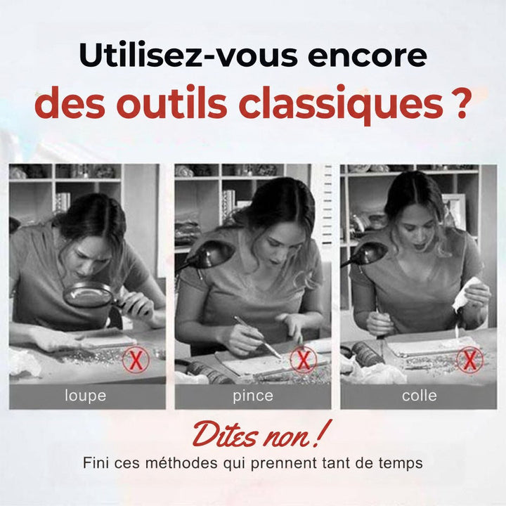 Trois femmes en noir et blanc utilisant loupe, pince à épiler et colle, méthodes traditionnelles barrées 2