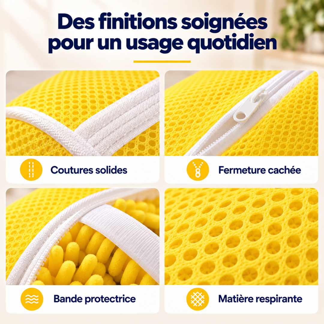 Quatre gros plans du sac : coutures, fermeture, bande de protection et maille aérée jaune 7