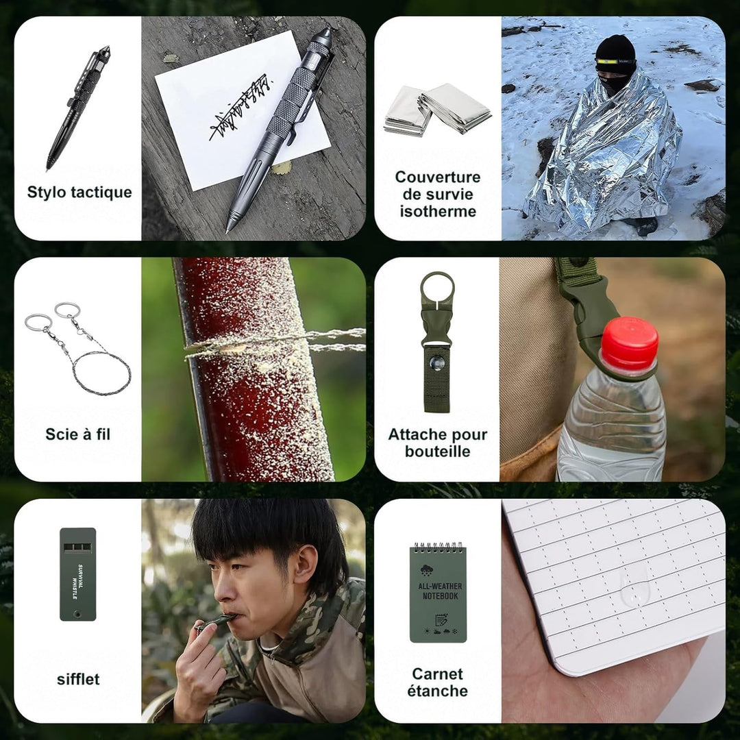 Six outils en situation d'usage: stylo tactique, couverture de survie, scie à fil, fixation bouteille, sifflet et carnet 3