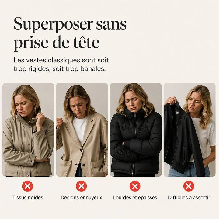 Montage comparatif de quatre vestes classiques portées par une femme qui semble gênée, avec croix rouges 5