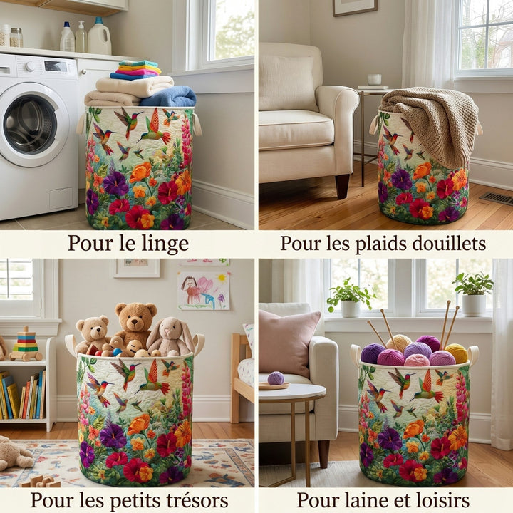 Quatre vues du panier dans différentes pièces : rangé près d'un lave-linge, avec une couverture, avec des peluches et avec des pelotes de laine. 2