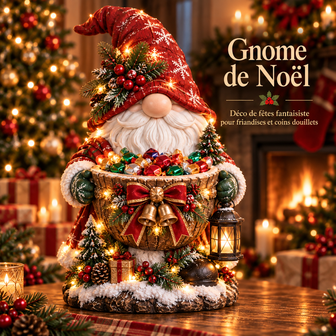 Figurine de gnome à bonnet rouge tenant un bol de bonbons orné d'un nœud et de clochettes 5