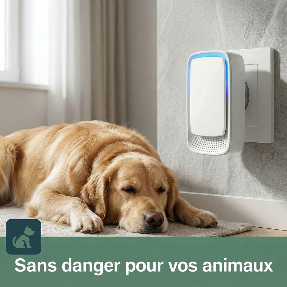 Appareil branché à une prise murale, un golden retriever couché sur un tapis à côté 2