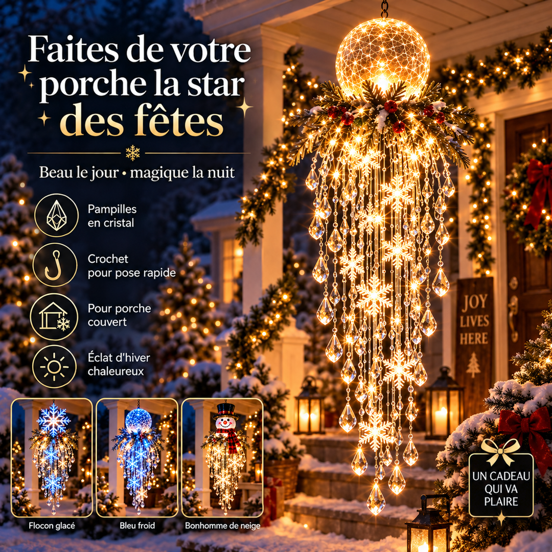 Cascade à globe doré sous un porche, avec encarts des versions flocon, bleue et bonhomme de neige 24