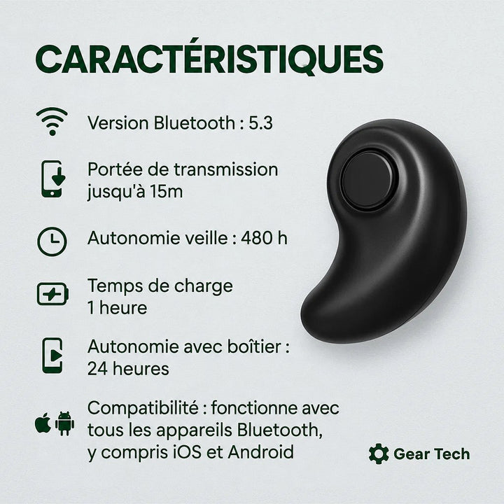 Écouteur noir en forme de haricot vu de face, entouré de pictogrammes de caractéristiques techniques 5
