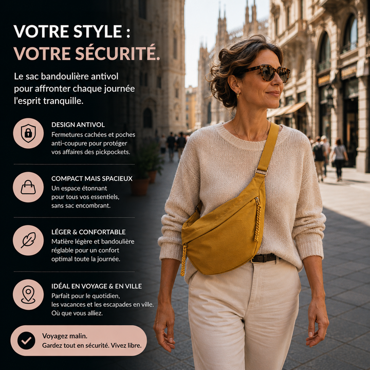 Femme en pull beige portant le sac ocre en bandoulière dans une rue, avec pictogrammes présentant les atouts du sac. 2