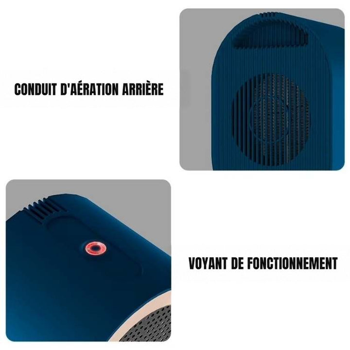 Deux gros plans du chauffage bleu : grille d'aération à l'arrière et voyage lumineux rouge sur le dessus 4