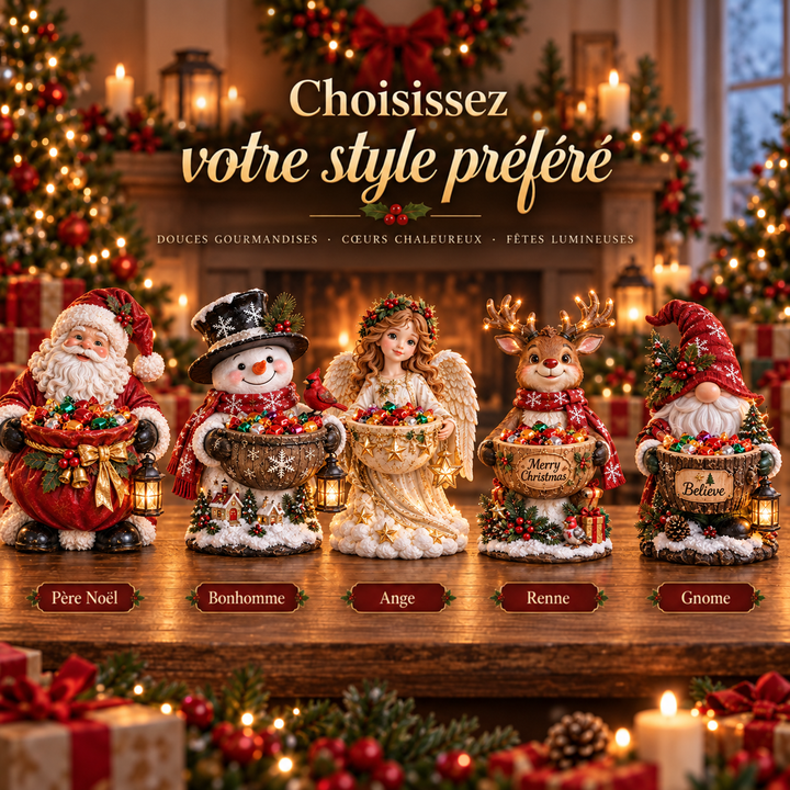 Les cinq modèles présentés en rang, chacun avec une étiquette indiquant son personnage, devant une cheminée illuminée 9