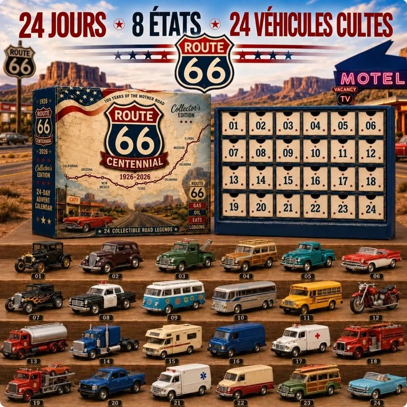 Calendrier à vingt-quatre cases ouvertes sur la route américaine, avec carte au dos du coffret et véhicules miniatures 7