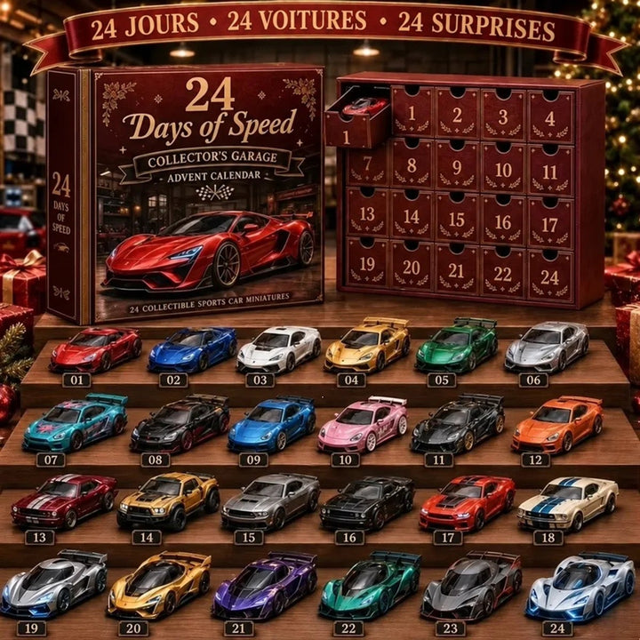 Calendrier bordeaux à tiroirs numérotés dont un ouvert, et vingt-quatre voitures de sport miniatures colorées rangées sur des 18
