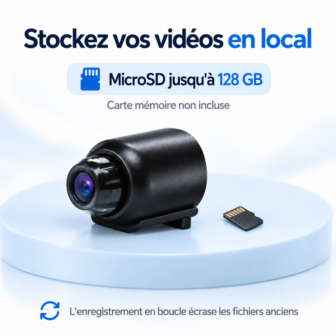 Caméra noire posée sur un socle bleu clair, avec une carte microSD à côté pour l'enregistrement local 4