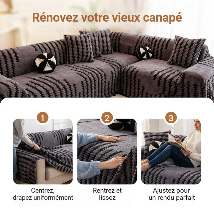 Canapé d'angle rénové avec la housse grise, et trois étapes de pose en vignettes 6