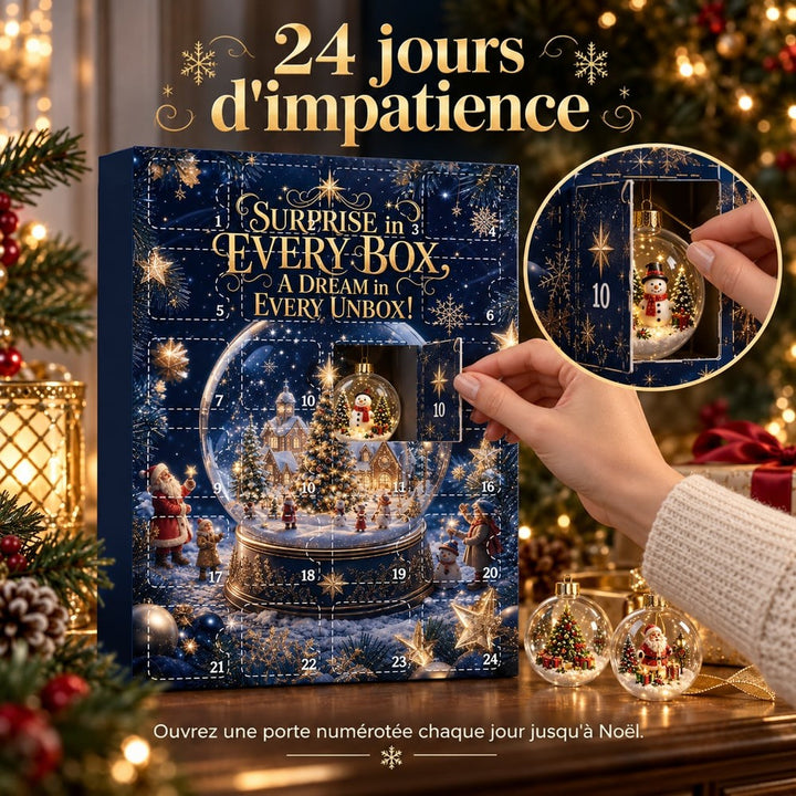 Main ouvrant la porte numéro 10 du calendrier, avec un zoom sur la boule bonhomme de neige 10