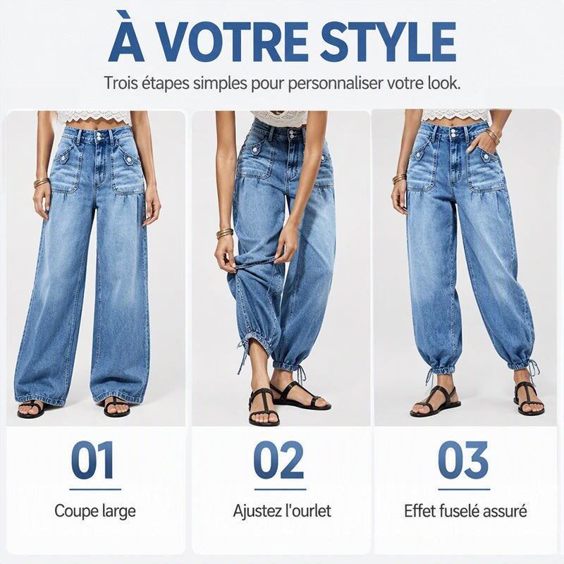 Trois étapes de style: jambe large, réglage du lien d'ourlet, puis jambe resserrée en forme de barrel aux chevilles. 8