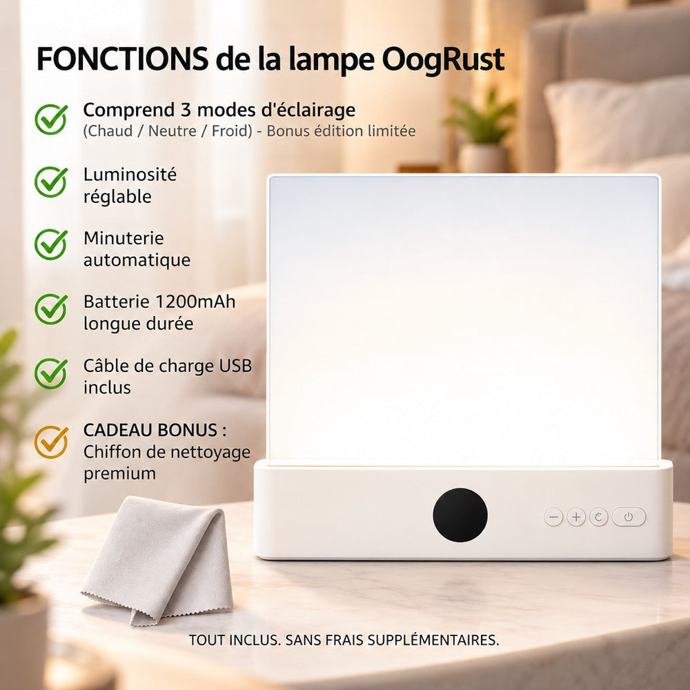 Lampe blanche en position verticale sur une table, avec une liste de fonctions et un chiffon de nettoyage 6