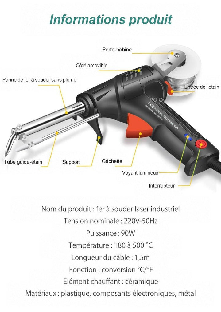 Pistolet annoté avec toutes ses parties, accompagné d'une liste de caractéristiques techniques en dessous 8