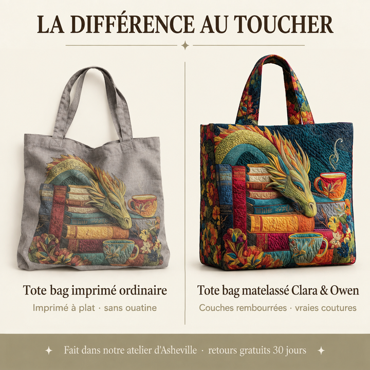 Image comparative: un tote bag gris à impression plate à gauche, le cabas matelassé et rembourré aux couleurs vives à droite. 4