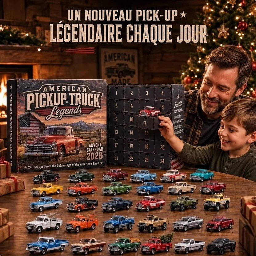 Père et fils ouvrent une case du calendrier de pick-up, devant la table couverte de camionnettes miniatures et le sapin 5